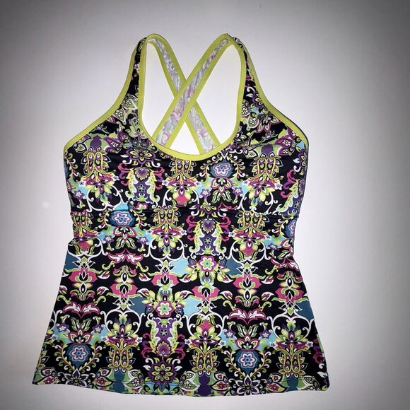 Athleta Print Tankini Swim Top Size Large Tall Racer Back Cross Straps Wirefree - Picture 1 of 8
